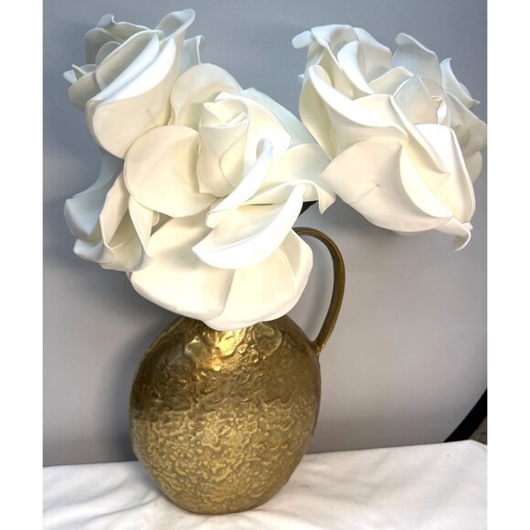 Large Gold Textured Metal Vase With Handle & Fabric White Roses Decor - Picture 3 of 5